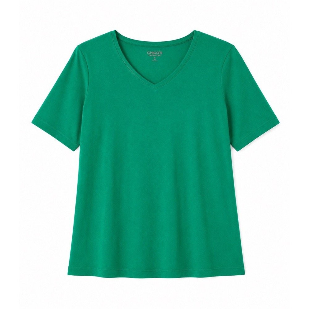 Chicos Travelers Womens V Neck Tee Shirt Kelly Green Short Sleeve Size 2